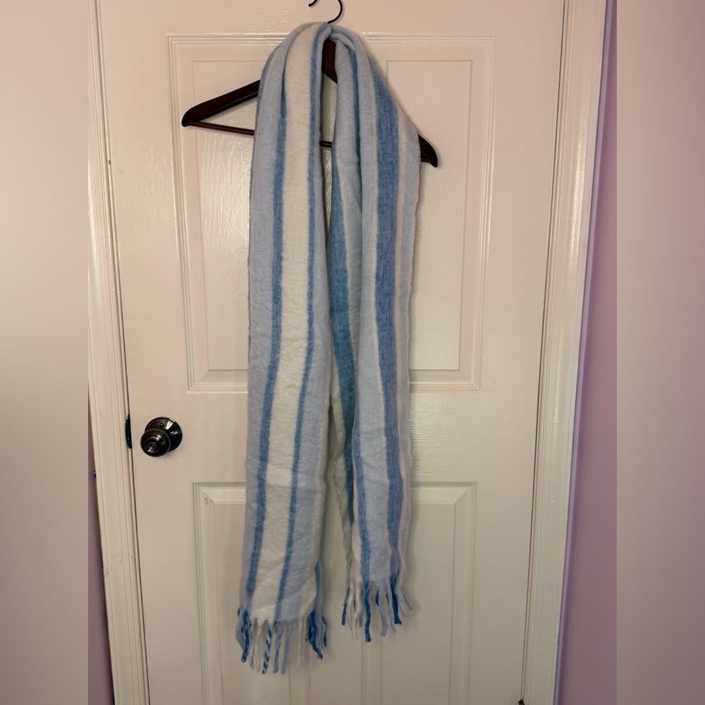 J Crew Oversized Blue White Striped Classic Holiday Brushed Scarf Warm